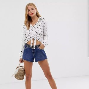 QED London tie front shirt in polka dot